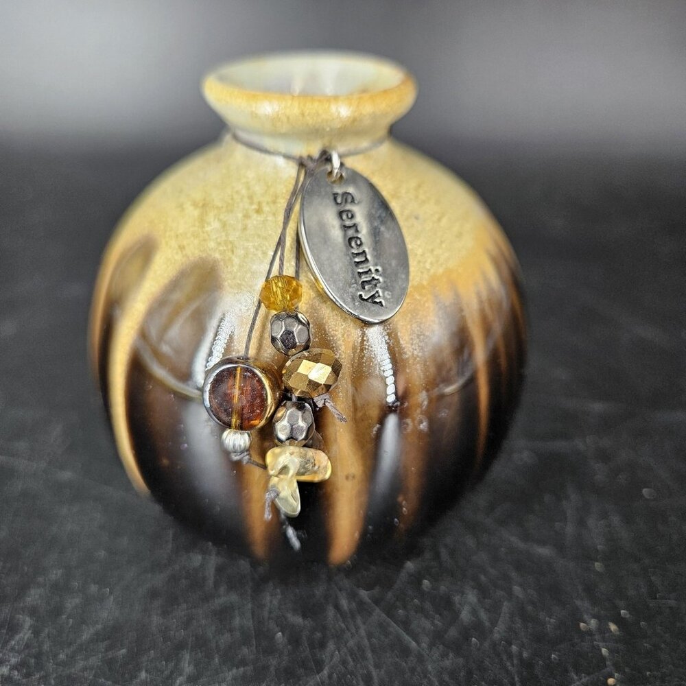 Ceramic Bud Vase Drip Glaze Brown Black Tan Mini Round Serenity Charm Incense 3"